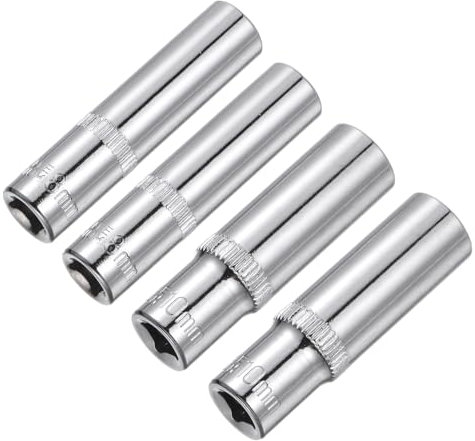 sourcing map 6-Point Shallow Socket, 1/4 Drive 2pcs 8mm Deep Socket & 2pcs 10mm Deep Socket Cr-V Metric Socket for DIY Hand-Making Repair Automotive