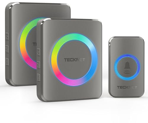 TECKNET Kabellose Türklingel für den Außenbereich, wasserdicht, 60 Klingeltöne, RGB-Anzeige, ultralange Reichweite von 500 m, 5 wählbare Lautstärken (1 Sender und 2 Empfänger)