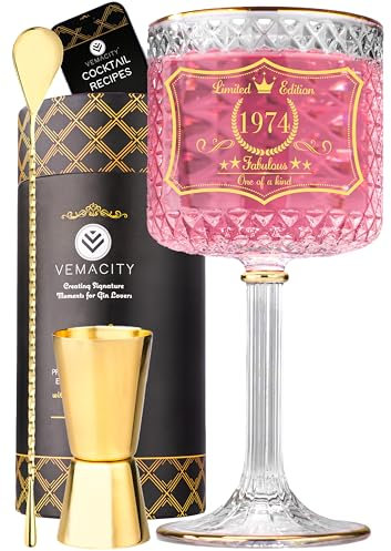 Vemacity 50th Birthday Gifts for Women | Year: 1975 Personalised Gin Glass Gifts for Women | Gold Bar Accessories Included| Gin Gifts for Women w/Spoon & Jigger | Recipe PDF | Aperol Spritz Glassware