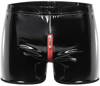 FEESHOW Herren Wetlook Boxershorts Slip Ouvert mit Reißverschluss Stretch Leder Latex Hose Shorts Unterwäsche Rubber Pants Clubwear Schwarz J L