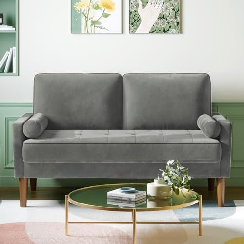 Vesgantti Couch 2 Sitzer, Samt Kleines Sofa mit 2 Wurfkissen, Modern Mini Sofa, Getuftetes Kleine Couch für Wohnzimmer/Schlafzimmer/Büro/Wohnung, 121x 77 x 87cm, Grau