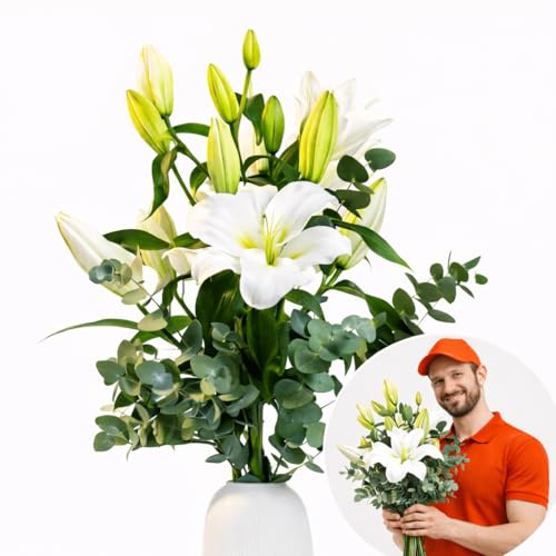 eFiori - Mazzo di Fiori Veri e Freschi - CONSEGNATI da un FIORISTA A MANO, Lilium Bianchi Profumati - Dedica Personalizzata e Consegna a Domicilio (3 Lilium)
