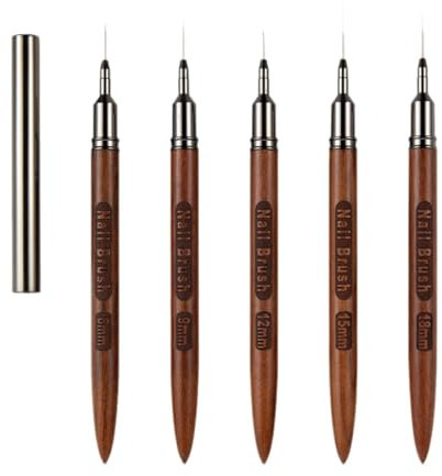 DAYnagh 6/9/12/15/18mm Pinceau Nail Art Ongles Professionnel en Bois avec Capuchon, 5 Pièces Pinceaux Extra Fine Ultra Fin Liner Set pour Vernis Semi Permanent Ongle Gel Peinture Acrylique