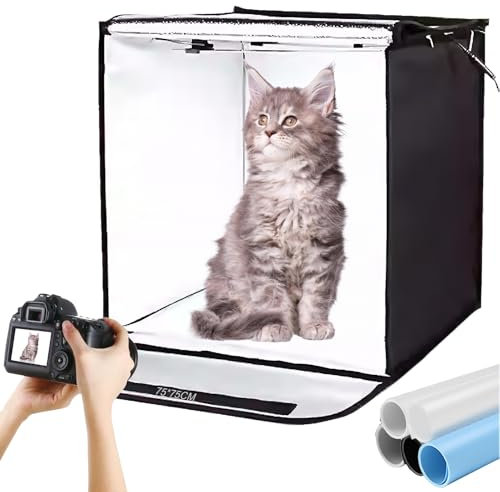 Fotobox Set 75x75x75CM, Faltbare Fotostudio,5500K Dimmbare Lichtzelt Set mit 4 Lichtpaneele und 5 PVC-Hintergrundfolien, Lichtbox für Produktfotografie, Fotobox für Schmuck