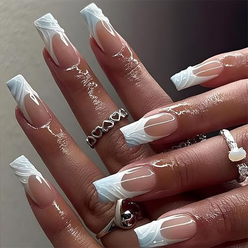 24 Stück Eckig Press on Nails - Französische 3D Wasser Tropfen Fake Nails, Vollabdeckung Kunstnägel mit Nagelkleber, Acryl Künstliche Fingernägel für Frauen, Glänzende Acrylnägel (Weiße French)
