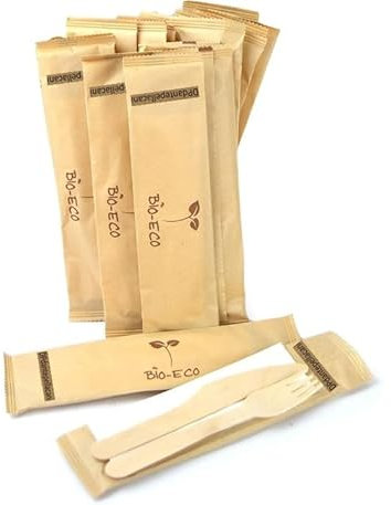 50 Bis Posate In legno Kit composto da Forchetta Coltello e Tovagliolo IMBUSTATI e Sigillati in Busta di Carta
