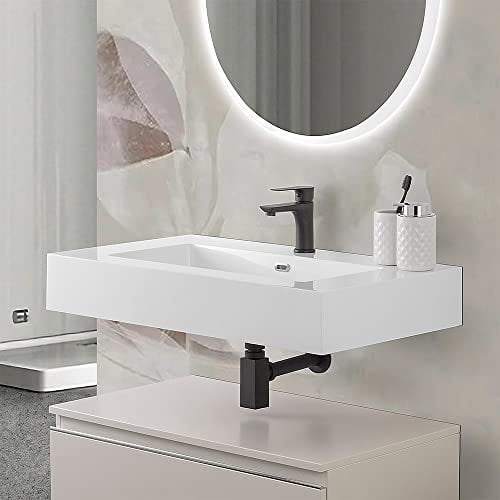 Lavabo sospeso 60 cm in resina bianco lucido, foro per troppo pieno e miscelator, profondità interna 12 cm, LODI