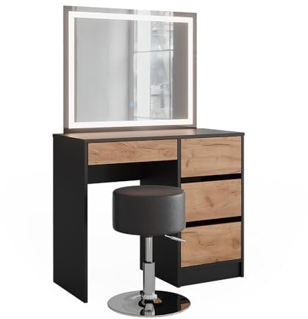 Vicco Schminktisch Sherry, Anthrazit, 90 x 75 cm mit LED-Spiegel und Hocker