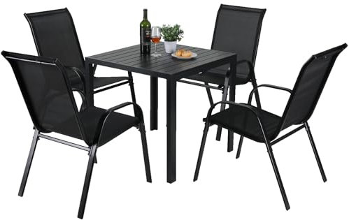 LIFERUN Gartenmöbel Set, 5-teilig, mit 4 Stapelbar Sesseln und 1 WPC Quadratischer Tisch, Balkonmöbel, Terrassenmöbel für alle Jahreszeiten, Terrasse, Garten und Außenbereich