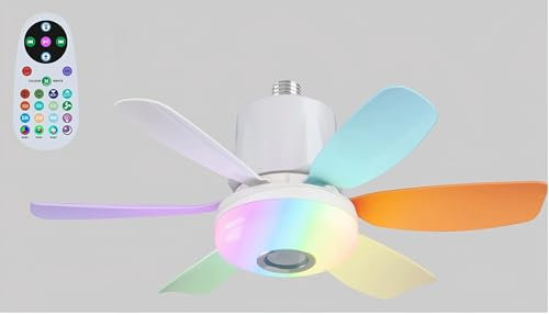 47 cm RGB Ventilatore da soffitto con luce, 32W E27 base Ventilatore da soffitto dimmerabile con 3 velocità, 6 pale e telecomando Supporta colori RGB, lettore musicale (Multicolore)