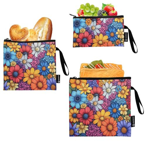 Caihoyu Flowers Lavender Phlox Daffodil Red 3 Pcs Reusable Travel Snack Bags Waterproof Girls Lunch Bags for Picnic Work Travel Office