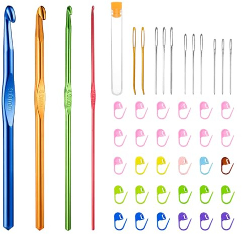 45 Stück Häkelnadel Set, Häkelset für Anfänger mit Maschenmarkierern und Stumpfen Nadeln mit Großem Öhr, Bunte Aluminium Crochet Nadeln, Farbige Aluminium Stricknadeln für Strickbegeisterte
