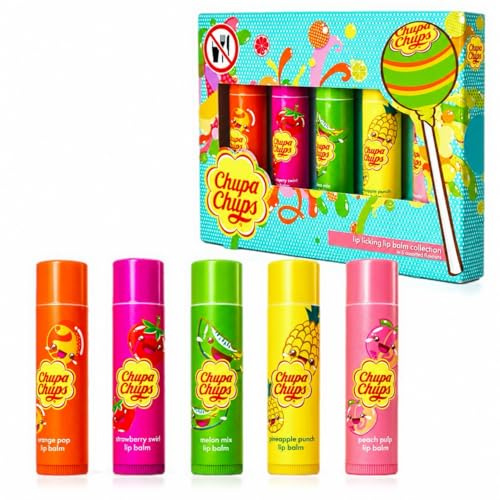 Chupa Chups Lip Licking Lippenbalsam-Kollektion, 5 verschiedene Geschmacksrichtungen: Orange Pop, Strawberry Swirl, Melon Mix, Ananas Punch und Pfirsich Pulp – Lustiges, aromatisiertes