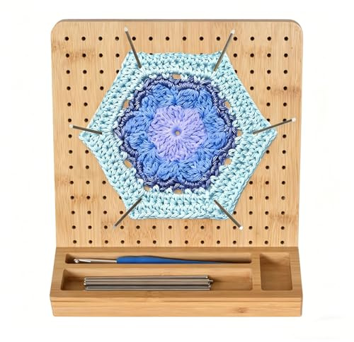 Luxvara Tavola per Progetti di Uncinetto e Maglia, Tavola Blocca Uncinetto per Granny Square da 19,8 cm, Tavoletta Blocking Board Tavoletta in Bambù per Crochet con 20 Perni, 1 Uncinetti