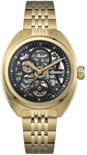 Ingersoll The Wrangler Mens 51mm Automatic Watch with Black Skeleton Dial and Gold Stainless Steel Bracelet I16902