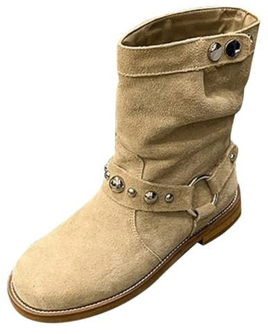 Generisch Stivaletti da donna beige – Camoscio da cowboyst, eleganti, bassi, comodi, a mezza altezza, da donna, 36 – 42 EU, cachi, 38 EU
