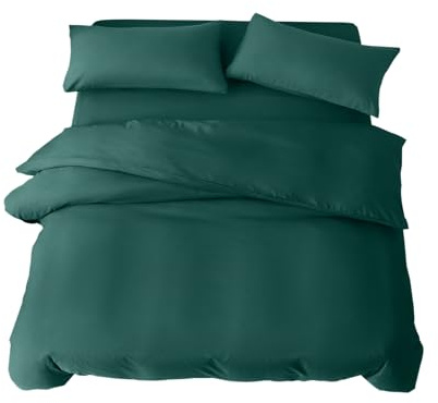 King Duvet Set 4 Piece King Bedding Set with Fitted Sheet and Pillowcases Soft Brushed Microfibre Breathable Duvet Cover Sets (Emerald Green)
