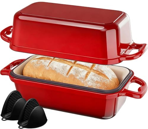 DYCYRQ Enameled Cast Iron Dutch Oven for Sourdough Bread Baking, 9 x 5Inch Oval Cast Iron Bread Pan with Lid, 2PCS Dutch Oven for Homemade Sourdough Baking, Meatloaf Pan, Oven Safe, Red