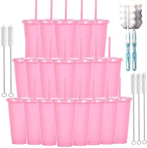 Yisituo 710ml Reusable Plastic Cups, 20 Pack Cold Cups with Lid and Straw, Tumblers Travel Mugs for Adults and Madam Party and Beach, Pool Gatherings (20, Pink)