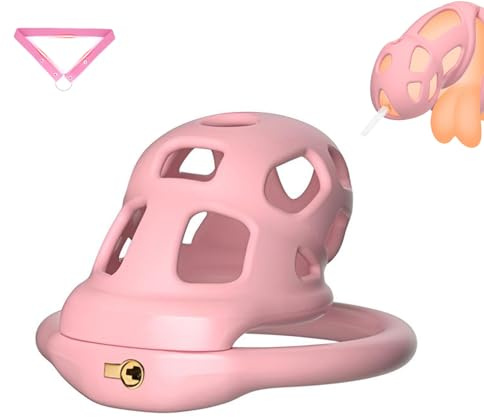Cage de Chasteté en Silicone pour Pénis Sex Toýs Homme Cage Chastetée Respirante d'un Verrou Dissimulé et 4 Anneaux ABS Chastity Cage Man Rose avec Ceinture pour Bondage le Pénis (S)