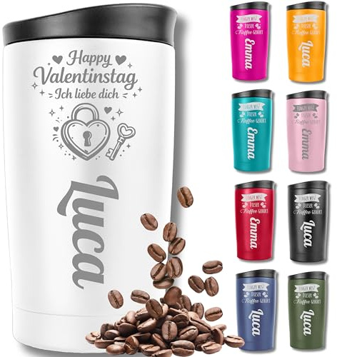 KUINEA Thermobecher personalisiert mit Gravur – Valentinstagsgeschenk für Partner – Coffee To Go Becher aus Edelstahl, 350 ml, auslaufsicher – Weiß