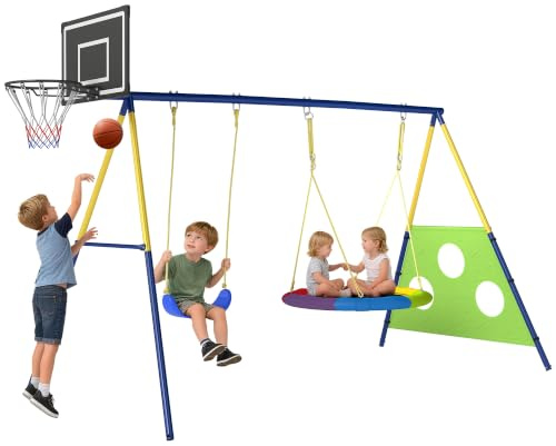 AIYAPLAY Set Altalena da Giardino Bambini 3-8 Anni 4 in 1 288x160x220 cm | 2 Altalene, Canestro da Basket, Porta da Calcio, Supporto ad A in Acciaio, Capacità 150 kg, Uso Esterno