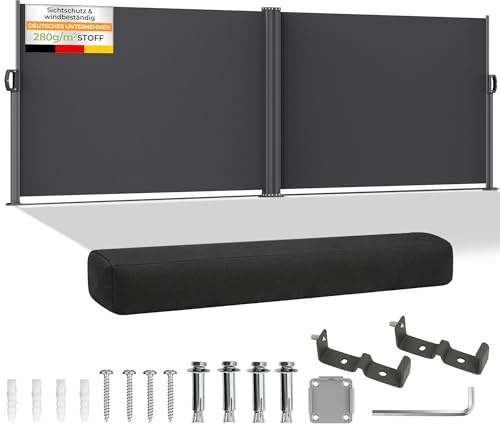 HOMEDEMO Doppel-Seitenmarkise ausziehbar, Sichtschutz Sonnenschutz Markise, Windschutz Wasserdicht Seitenzugmarkise, 200x600 cm Anthrazit, Seitenrollo für Balkon, Terrasse, Garten