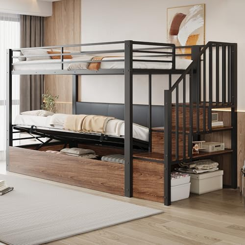 ECLIVON Kinderbett Etagenbett 90x200, Hochbett mit Hydraulisch Stauraum und Treppe, Hausbett mit Rückenlehne aus PU, Metall Bett Bettgestell mit Lattenrost und Rausfallschutz, Ohne Matratze (Schwarz)