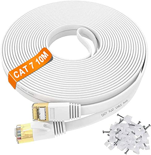 Cable Ethernet Cat 7 10m Cable de Red 10 metros Cat 7 Gigabit Alta Velocidad- 10Gbps 600MHz, Cable LAN RJ45 Cat 7 STP Plano, Compatible con Cat 6 Cat 5e Cat 5, para Router Módem Switch (10 clips)