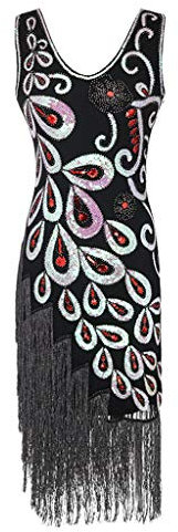 Lazzboy Kostüm 1920er Jahre Flapper Kleid Hochzeit Party Geschichteten Quaste Cocktailkleid Vintage Damen Pfau V Ausschnitt Fasching(T-Schwarz,XL)