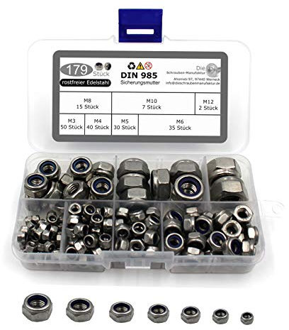 179 teiliges Set aus Sicherungsmuttern nach DIN 985 / ISO 10511 Standard niedrige Form Edelstahl A2 V2A selbstsichernde Sechskantmuttern Stoppmutter Edelstahlmutter Größe M3-M12 (179 Teile)