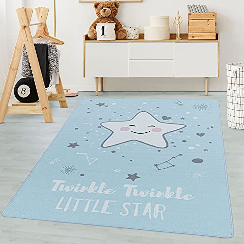 Carpetsale24 Kinderteppich Modern Sterne-Design Blau 140 x 200 cm - Kurzflor Teppich Kinderzimmer Waschbarer Spielteppich Babyteppich für Jungen und Mädchen Extra Weich und Antiallergen Rechteckig