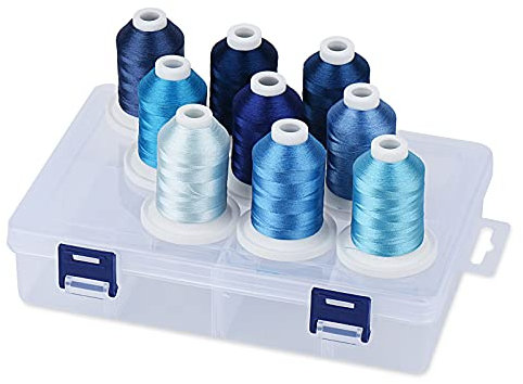 Simthread Polyester Maschinen Stickgarn mit Kunststoff-Aufbewahrungsbox, 9 Blau Farben, 800 Yards Schnappen Spulen, für professionelles Stickdesign