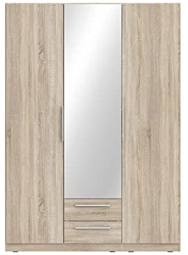 FORTE CADIXO Schrank 150 160, Kleiderschrank mit Spiegel, Drehtürenschrank Schalfzimmerschrank Skandinavisch, 3-türig mit 2 Schubladen, Holzdekor: Sonoma Eiche, 150 cm breit x 213 hoch x 59 cm tief