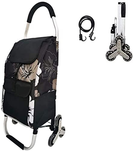 Folding Shopping Trolley 6 Wheels Stair Climber Cart with Removable Bag and Adjustable Elastic Cord 2 Extra Pockets Utility Trolley maximum capacity 50kg 45L (Flower)