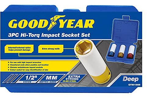 Goodyear 3 Pack Thin Wall Deep Impact Nut Socket Alloy Wheel 1/2 Drive 17mm 19mm 21mm Kit Nylon Scratch Protection for Alloys Nuts and Bolts