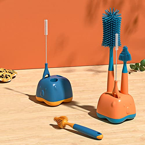 Silicone Bottle Brush Set with Stand - 3 in 1 Bottle and Teat Cleaning Brush - Removable - for Cleaning Water Bottles, Baby Bottles, Thermoses, Glasses Cups, Wine Glass, Food Jars (Blue)