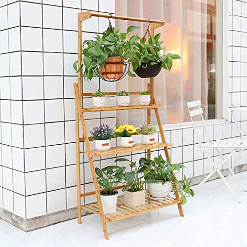 LIGUOYI Flower Pot Display Shelving 3-Tier Bamboo Ladder Plant Shelf, Étagère À Plantes Porte Plantes, Folding Display Shelving Organizer Rack Multi Storage Corner Shelf For Patio Garden Living Room