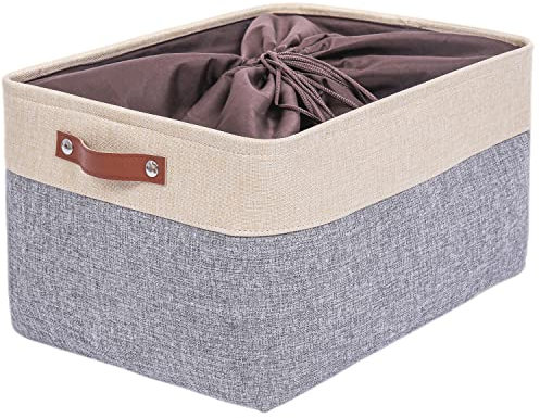 Mangata Faltbare Aufbewahrungskörbe mit Deckel,Grau Canvas-Stoff Aufbewahrungsbox für Spielzeug, Kleidung, Zuhause, Regale (Grau/Beige, XLarge)