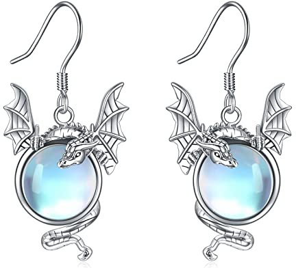 Drachen Ohrringe 925 Sterling Silber Vintage oxidierter Drachen Mondstein Tropfen Ohrringe Schmuck Geschenke für Damen Mädchen