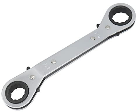 FOCMKEAS 3/8-7/16 Inch Reversible Universal Ratcheting Wrench,Imperial Double Offset Box End， Matte Chrome Plated Cr-V Steel， Heavy-Duty，72 Tooth Ratchet Spanner Crooked for Narrow Spaces