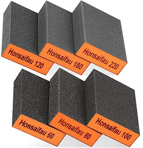 Honsaifau Sanding Blocks 6 Pack Wet and Dry Dual-use, Coarse and Fine Sanding Sponges - 60/80/100/120/180/220 Grits 6 Different Specifications, Washable and Reusable, Ideal for Wood Metal Wall Polish