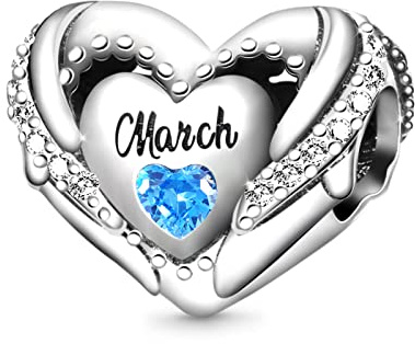 GNOCE Geburtsstein-Charm für Charms-Armband 925er Sterlingsilber Liebes-Herz-Perle Alles Gute zum Geburtstag Charms für Armband/Halskette Geschenk (März)
