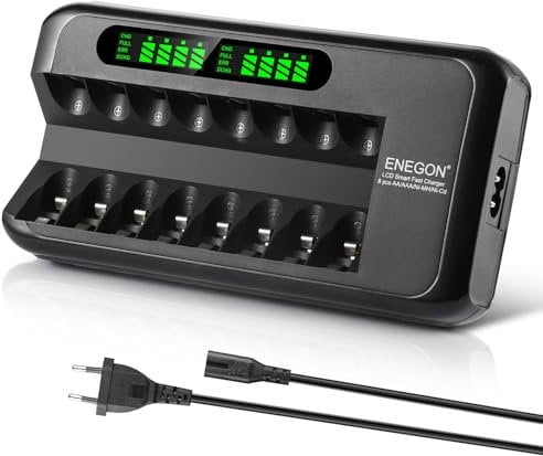 ENEGON Caricabatterie Pile Ricaricabili AA AAA con adattatore CA e display LCD intelligente, 8 cariche indipendenti per batterie NI-MH NI-CD ricaricabili AA AAA