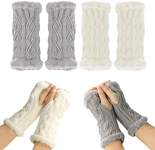 NINVVS Ladies Fingerless Gloves - Warm, Soft & Thick Winter Arm Warmers (White, Gray)