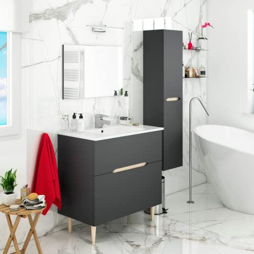 Miroytengo Conjunto de Muebles de Baño Moderno Lotto Color Gris Antracita y Roble (Espejo+Lavabo+Columna suspendida)