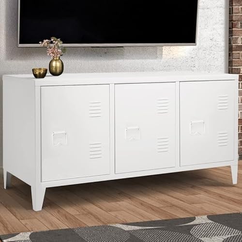 IDMarket - Buffet Bas 113 cm Ester 3 Portes métal Blanc Design Industriel