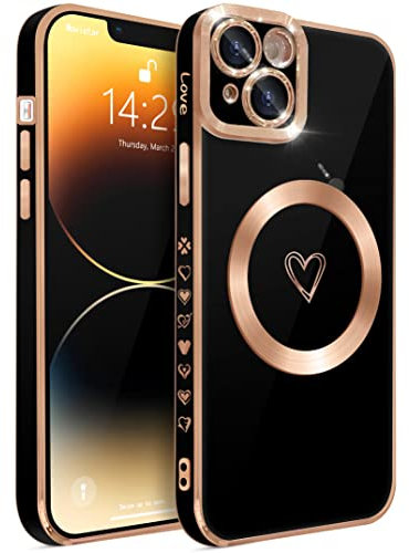 ECZOIL Compatible with iPhone 14 Plus Case MagSafe,Full Camera Lens Protection Luxury Electroplated Cute Heart Magnetic Case for iPhone 14 Plus for Women Girls-Black