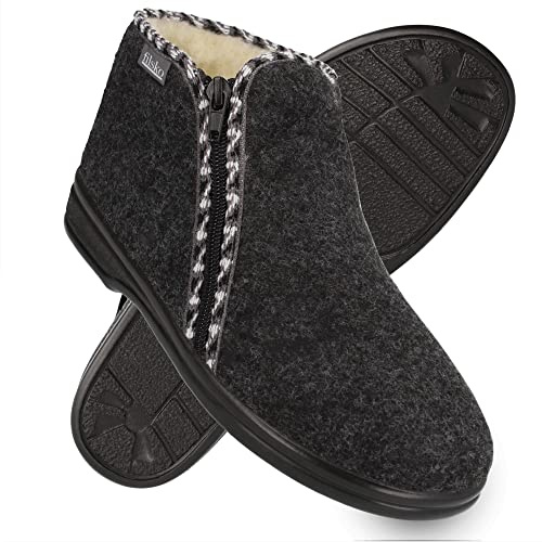 filsko® Kramfors - Winter Hausschuhe - weiche Fütterung aus Schafwolle - rutschfeste Sohle - mit Reißverschluss - nie wieder kalte Füße - biegsame Schuhvorderkappe - grau/weiß - 41 EU