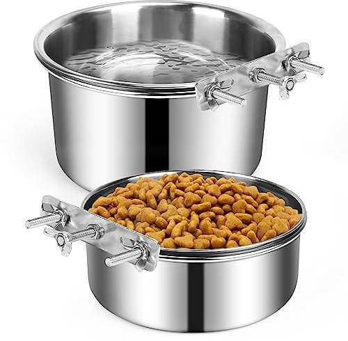 YECERCAN Dog Crate Water Bowl No Spill, 2 Pack Stainless Steel Large Dog Water Bowls for Cage, Crate, Kennel - Hanging Detachable Pet Water/Food Bowl for Indoor & Outdoor (7.1 * 3.5”&6.3 * 2.6”)